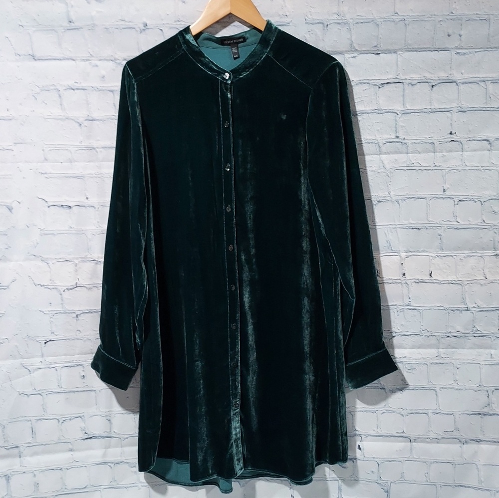 Eileen Fisher Medium Mandarin Collar Long Shirt in Pine Green Velvet Tunic